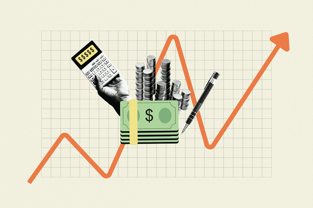 A collage of a hand holding a calculator showing dollar signs, stacks of coins, a bundle of green cash, and a pen, set against a cream graph-paper background with a bold orange line chart that dips and then rises sharply into an upward arrow.