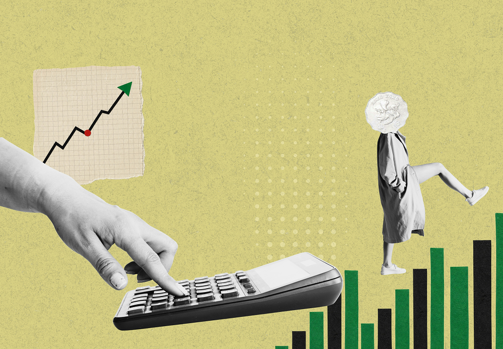 A collage on a mustard-yellow textured background: a black-and-white hand presses a calculator key at left, a torn piece of graph paper shows a rising line chart with a green arrow, and a figure in a trench coat with a coin for a head strides up a staircase of green and black bar-chart columns at right.