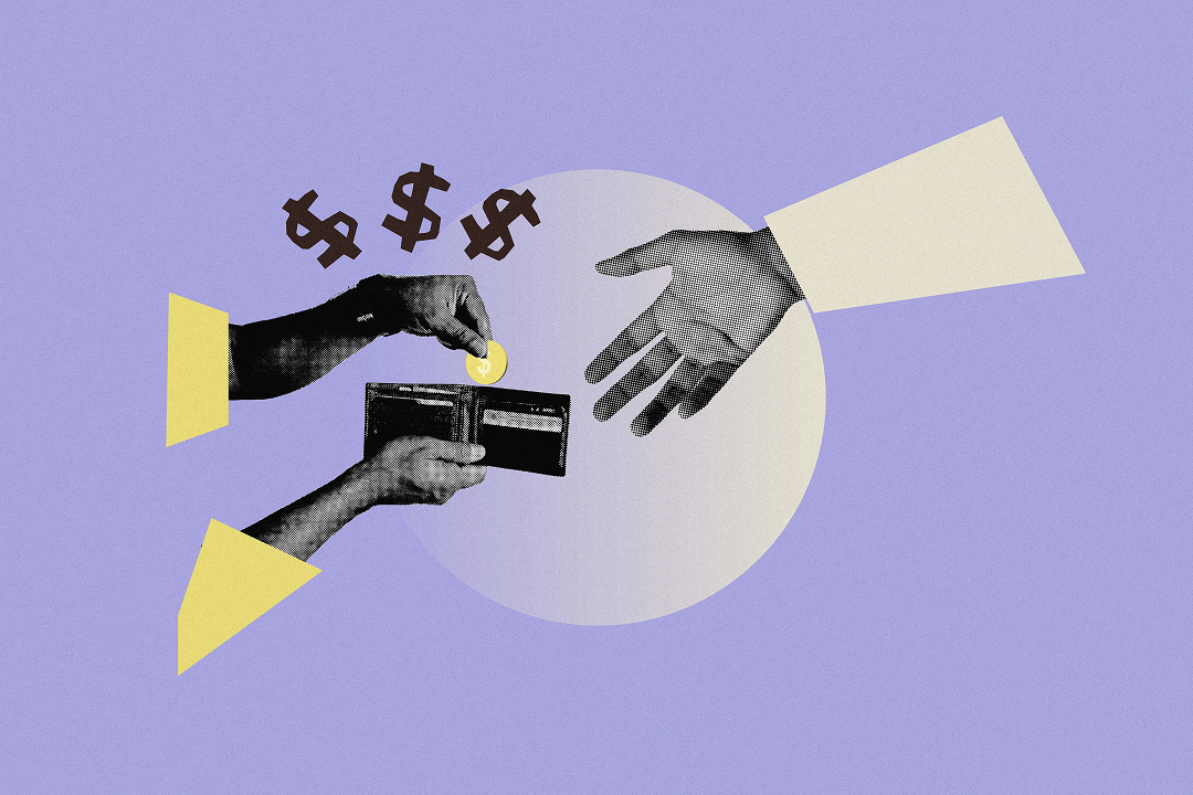 A collage on a lavender background: two black-and-white hands at left hold an open wallet and pull out a gold coin, with three dark-brown dollar signs floating above, while a third hand in a cream sleeve reaches in from the right with an open palm, all set against a pale circle.